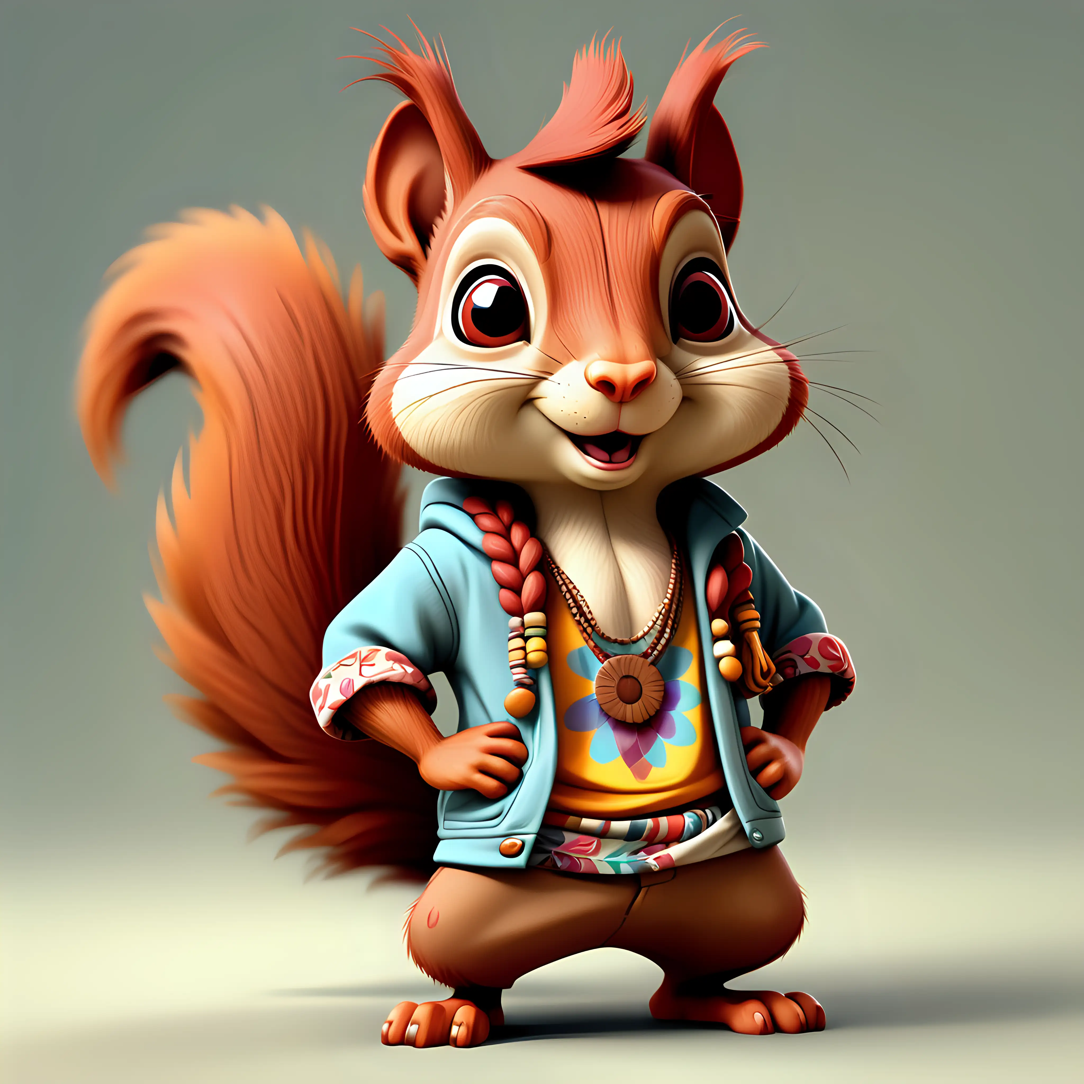 a cute fun squirrel in full body cartoon style with Hippie clothes with clear background