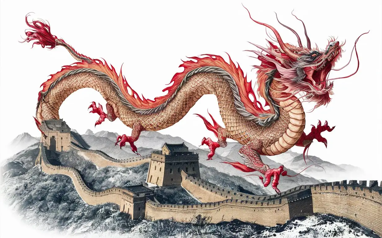 Majestic Chinese Dragon Soaring Above the Great Wall on Landscape Paper