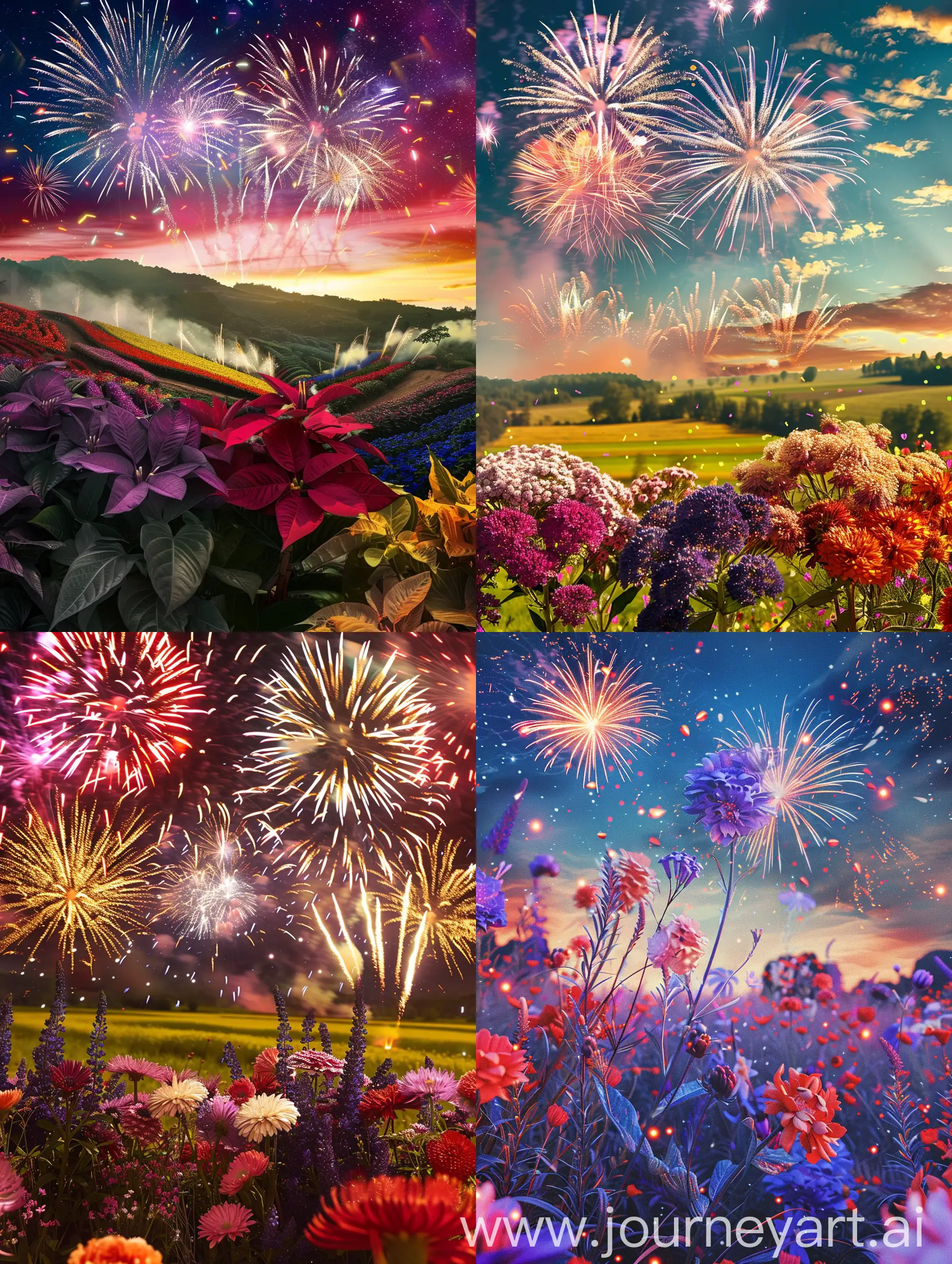 A holiday, fireworks in the sky, lush flowers in the foreground, a field of bright colors, foto
