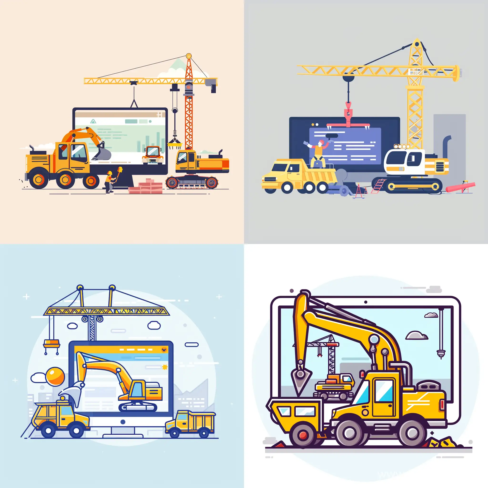 illustration a minimal graphic image about construction vehicles building a good website in internet with plain color background