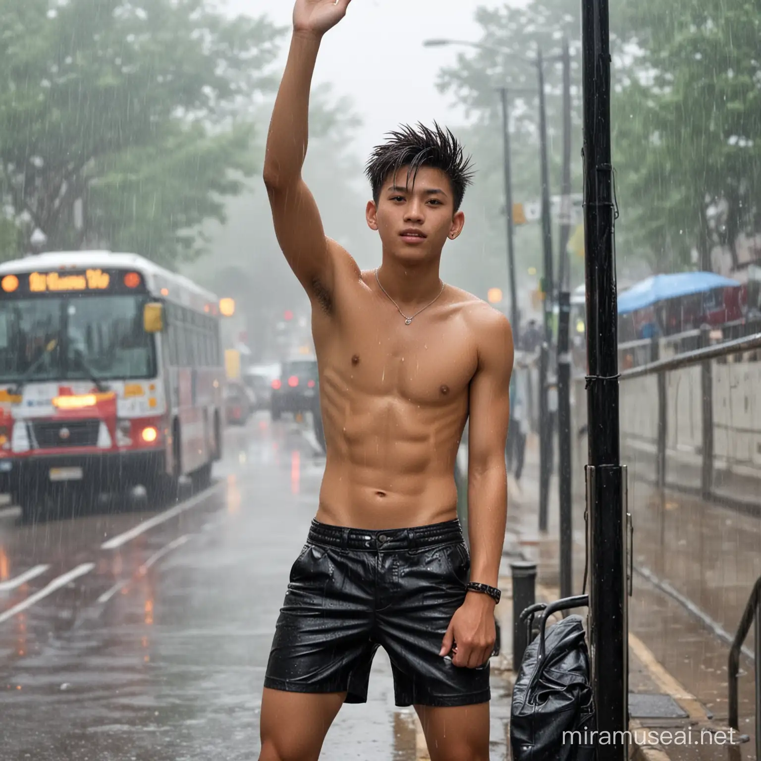 un ado mâle de 18 ans de type asiatique, cheveux  en pointes, un bras levé au dessus de sa tête, en bermuda en cuir, torse nu, assis à un arrêt de bus, sous une pluie fine