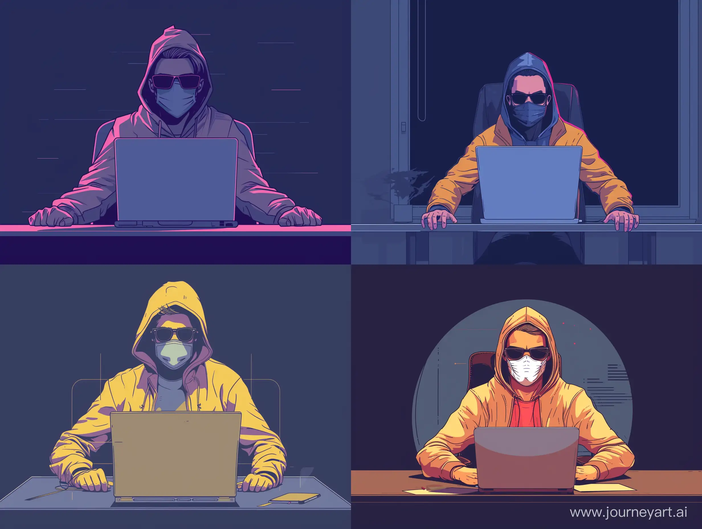 Anime friendly looking male business character wearing a mask , hoodie and sunglasses. He is sitting behind his laptop in his studio, arms on his desk. It is night. The room is minimalistic. He is front facing to the camera, looking straight and centered, central portrait, sitting straight, front view, centered looking straight. The overall ambiance of the image should convey a connection to minimalism, flat illustration, bold line, 8k resolution