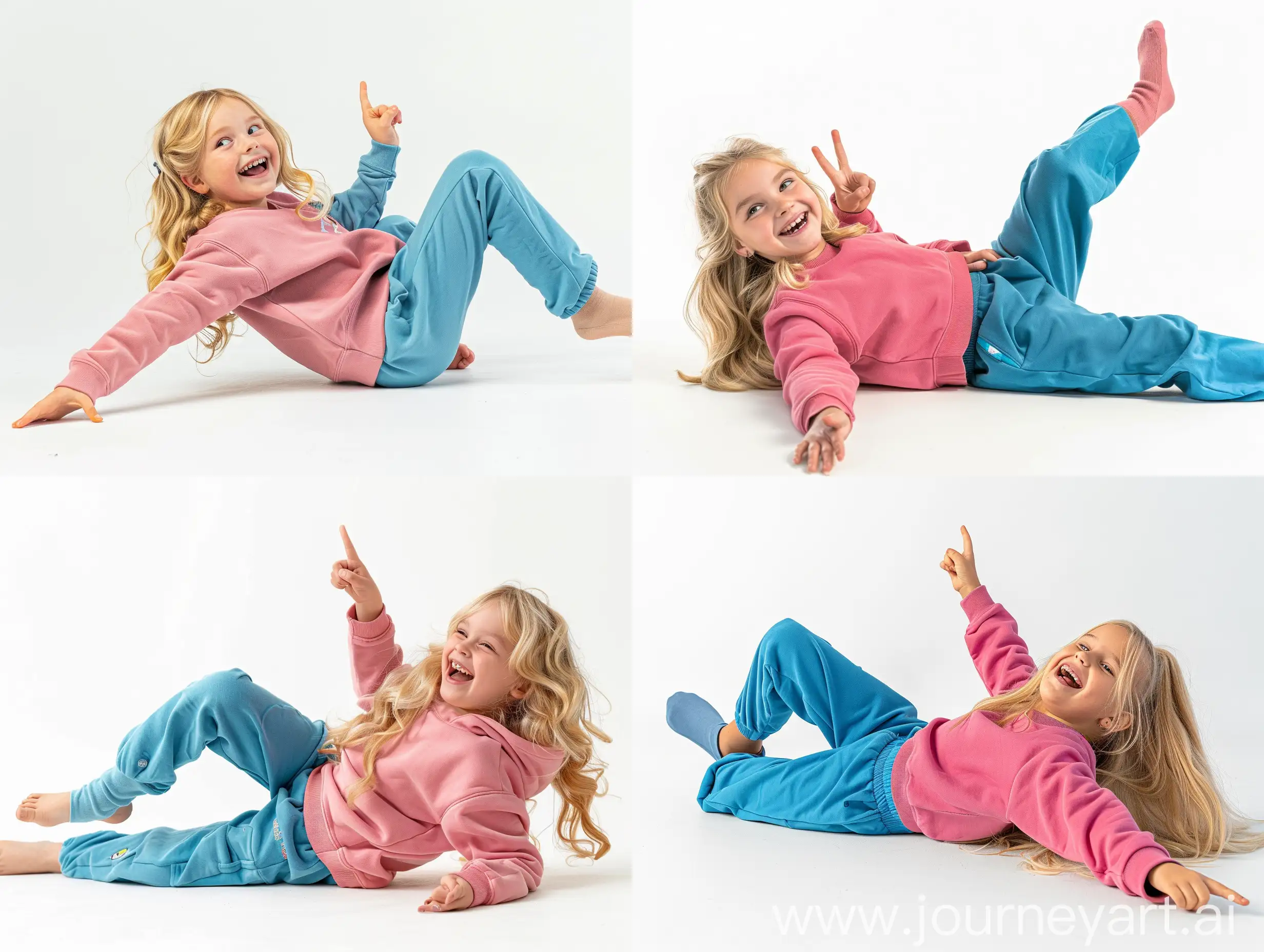 Blonde-Girl-in-BarbiePink-Sweatshirt-Points-Up-with-Joyful-Expression