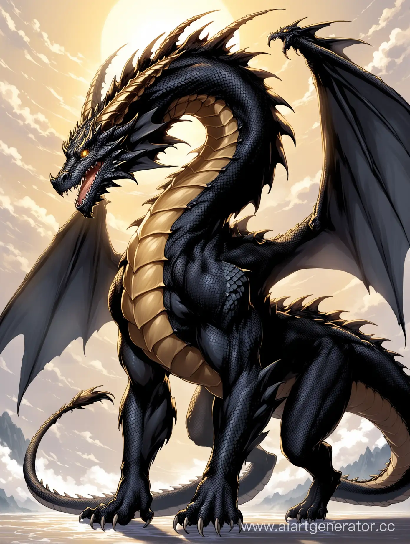A 106898 year old dragon with two forms: a dragon and a human, capable of easily changing his appearance from his true dragon form to his human form and back to his dragon form.

Human Form: A male approximately 22 or 23 years old with long black hair and piercing golden eyes. He is 250 centimeters (8ft 2.43in) tall and weighing 143 kilograms (315,26lbs). He has a strong, wiry, but at the same time graceful and sophisticated physique. On his head he has two dark gray horns, slightly curved back, and from his lower back grows a dragon tail, which is a direct extension of his spine, about 182,88 centimeters (6ft) long, covered with black scales. It has webbed dragon wings with a span of 6 meters (19,69ft).

Dragon (True) Form: A giant dragon that has two large wings on its back and walks on all fours. Everything is covered with black scales, and on the head there are two dark gray horns. The eyes are golden, with vertical cat-like pupils. The length from the tip of the tail to the tip of the muzzle is 250 meters, where 120 is the tail, 119 is the body and 11 is the neck and head. Height at withers 140 meters. Weight 3000 kg (6613.8677lbs)