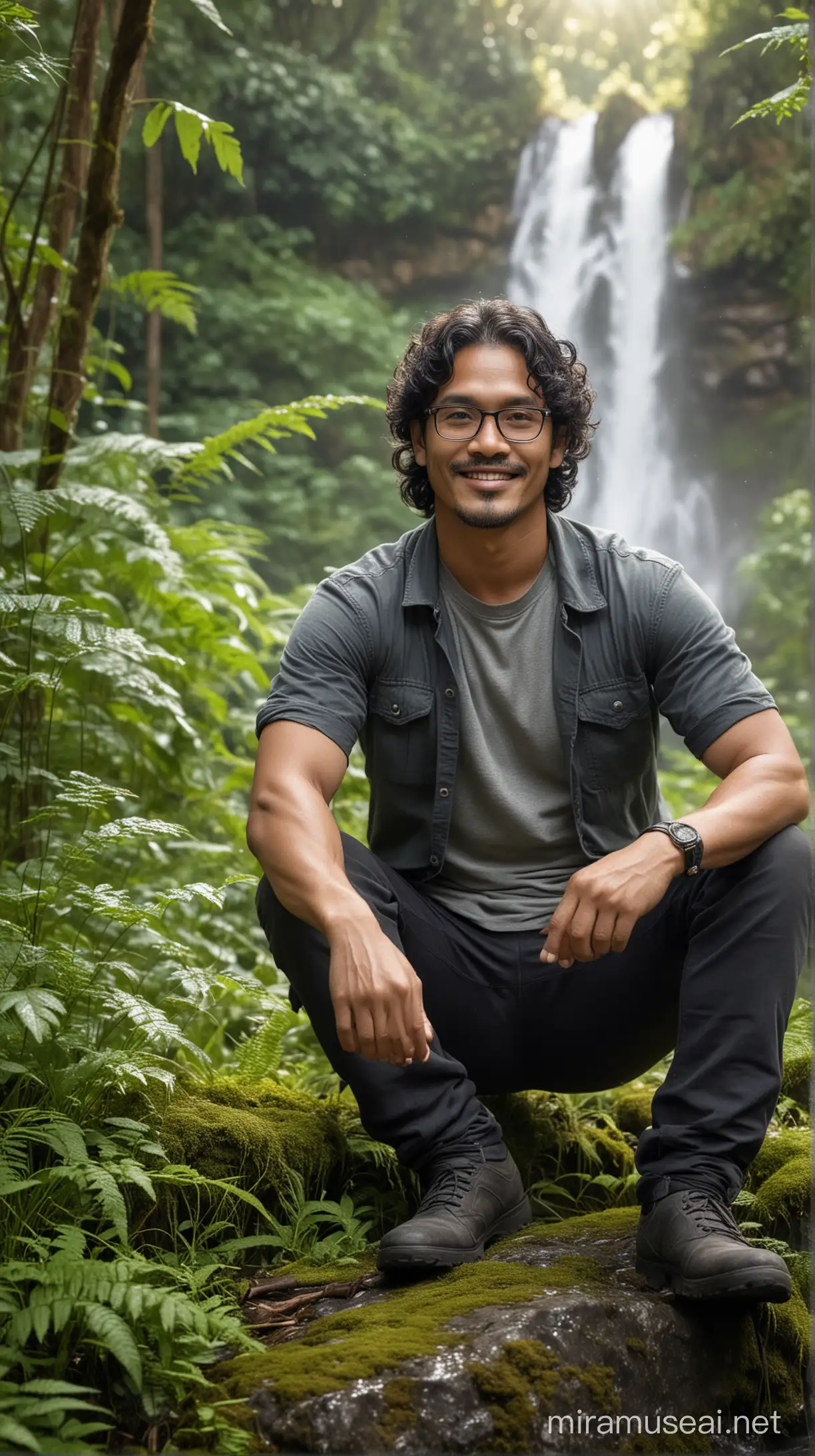 40 year old Indonesian man, handsome, shoulder length curly black hair, wearing square reading glasses, sitting on a rock, facing the front camera while smiling in the middle of a forest filled with sunlight, sunlight penetrating between the leaves. Delicate dewdrops cling to ferns and wildflowers. In the background, a mystical waterfall cascades down moss-covered rocks, and mist rises into the air. High resolution, high realism.