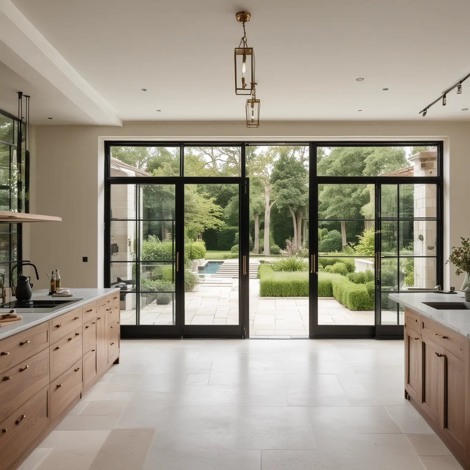 a large open modern French chateau estate home kitchen with ivory limewash walls, limestone floor,  walnut wood joinery with shaker profile and brass handles, black accents; large glass doors with view of the veg garden