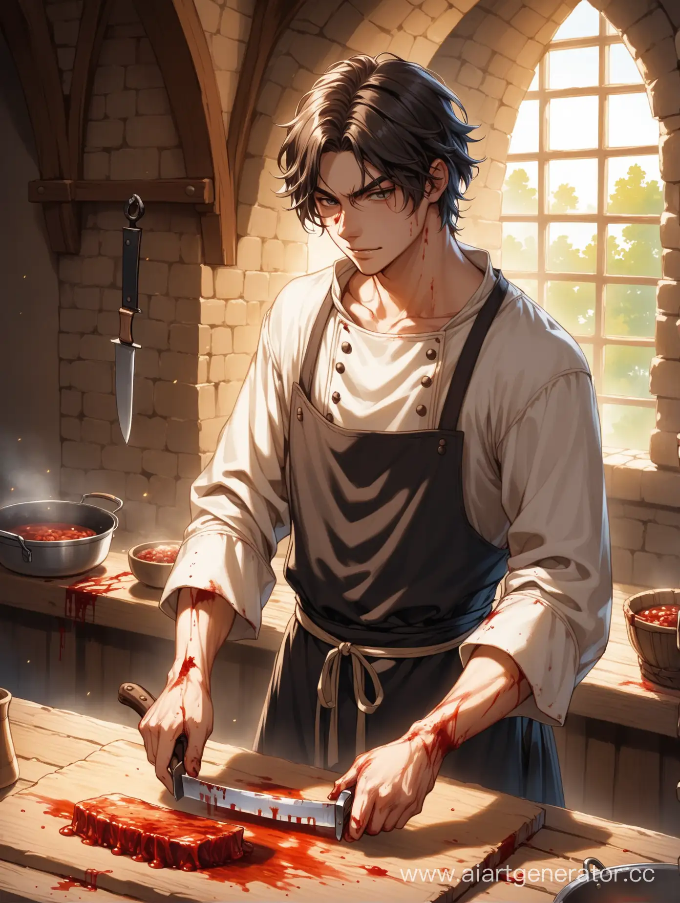 A young man, a medieval cook with a bloody knife