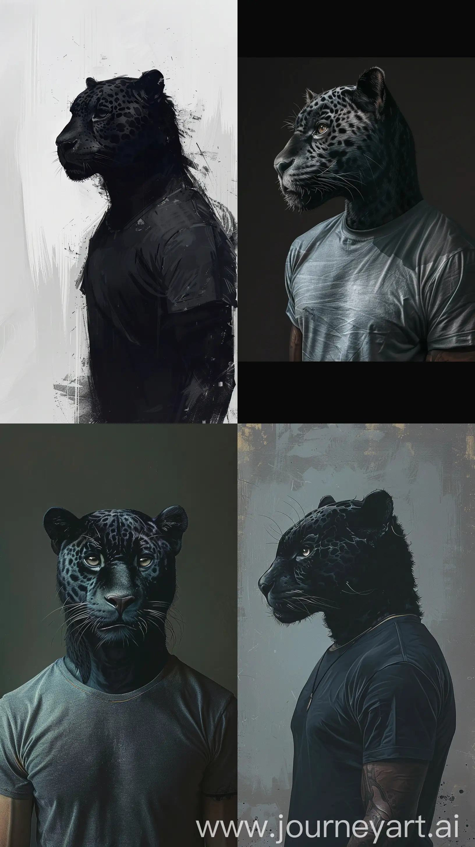 Tom gauld art style of a black jaguar as a man in a t shirt as phone wallpaper ,calm, 8k uhd maximalist details. --ar 9:16