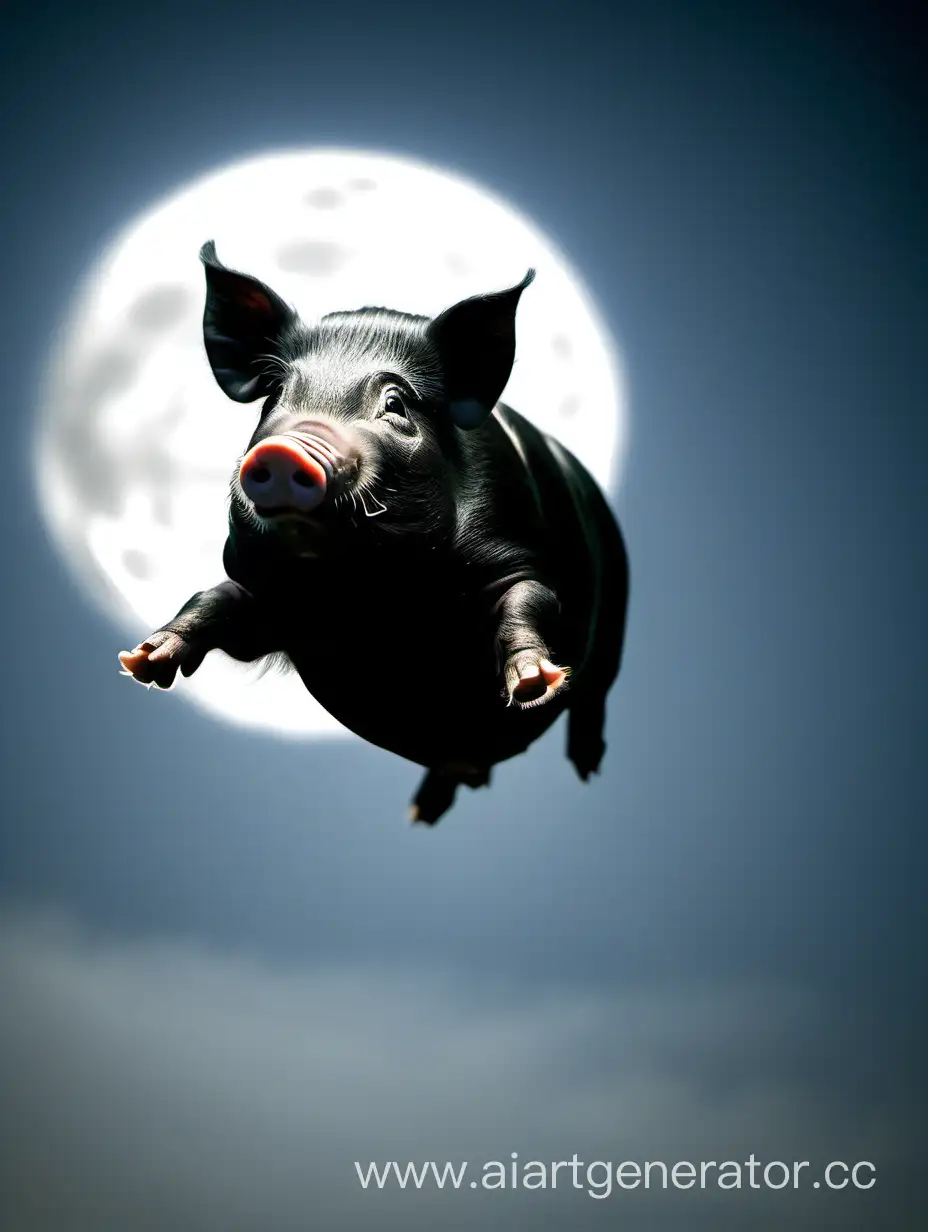 black male otbelly pig, flying over the moon, color photo