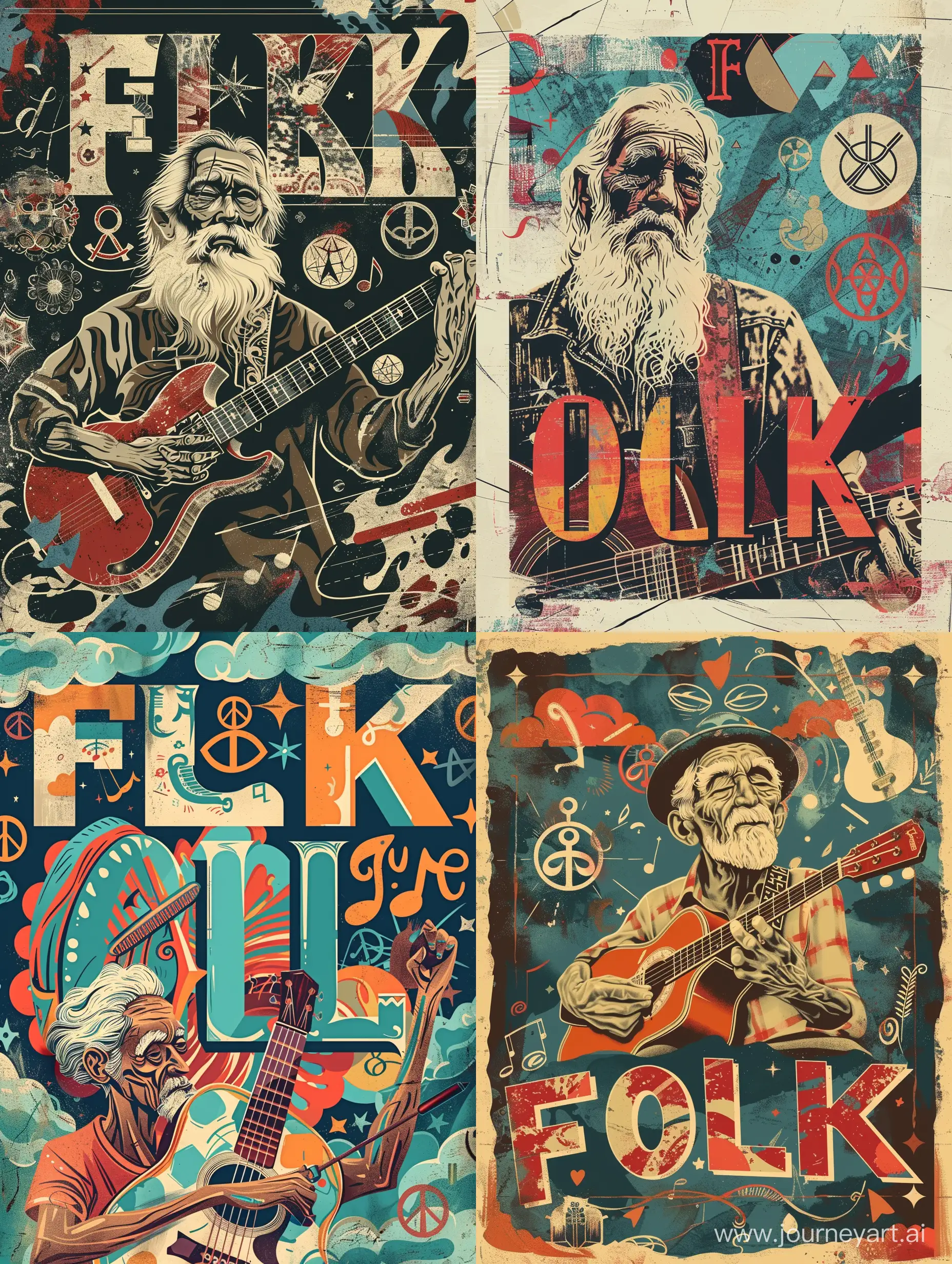 Create a captivating a vectorial poster design featuring the word " F O L K " as the focal point. Incorporate a realist old guitarist and elements that reflect music, peace and love. Bold typography,  old colors, and symbolic symbols
