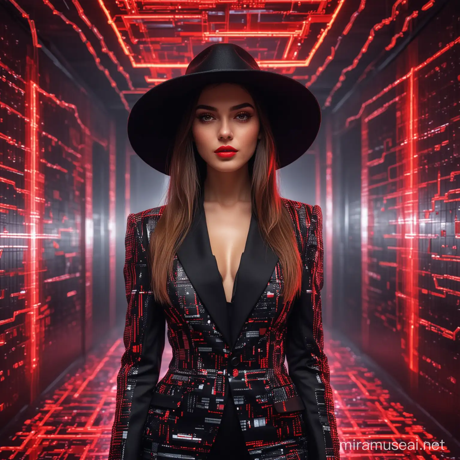 Pixel art, Aivision, body elegant model in elegant geometric style suit , black elegant hat , red lips , long hair, beautiful eyes , bold neon colors , splash art , splashed neon colors , ( iridiscent glowy ) ( ( motion effects ) ) , best quality , UHD , centered image , MSchiffer art , ( ( flat colors ) ) , ( cel - shading style ) very bold neon colors , ( ( high saturation ) ), The background is a rectangular corridor in red and black color