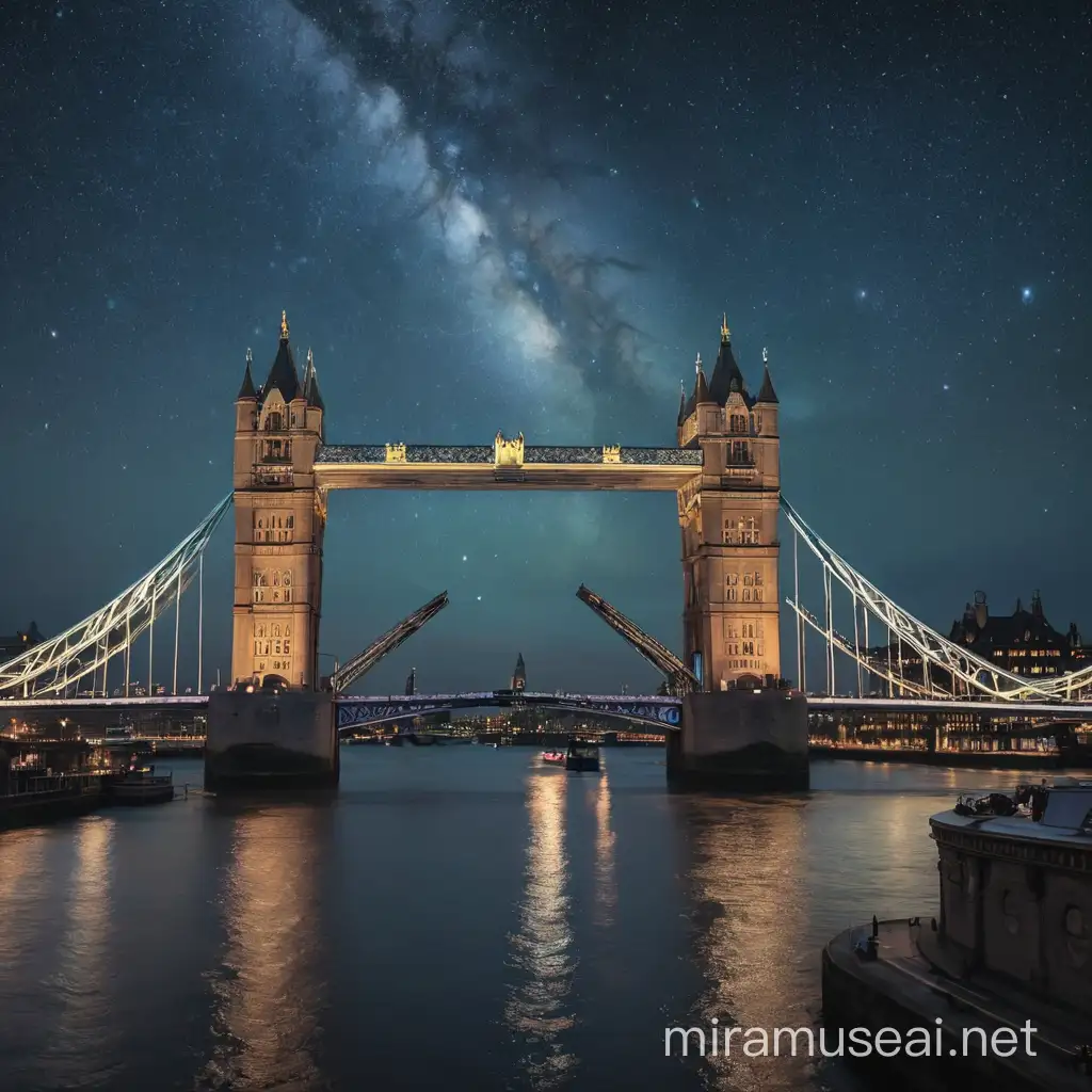A iconic picture of London and the London Bridge that is hidden in the stars and galaxies 