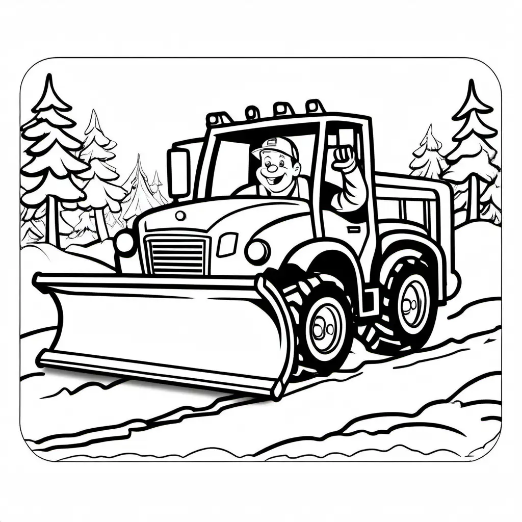 happy snow plow driver pushing snow, Coloring Page, black and white, line art, white background, Simplicity, Ample White Space. The background of the coloring page is plain white to make it easy for young children to color within the lines. The outlines of all the subjects are easy to distinguish, making it simple for kids to color without too much difficulty