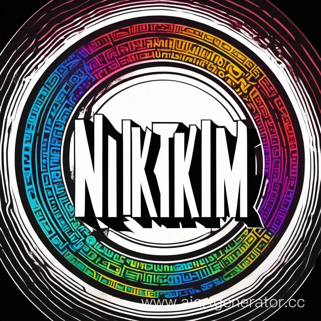 яркий разноцветный фон с черным кругом по середине и надписью НикиТим
