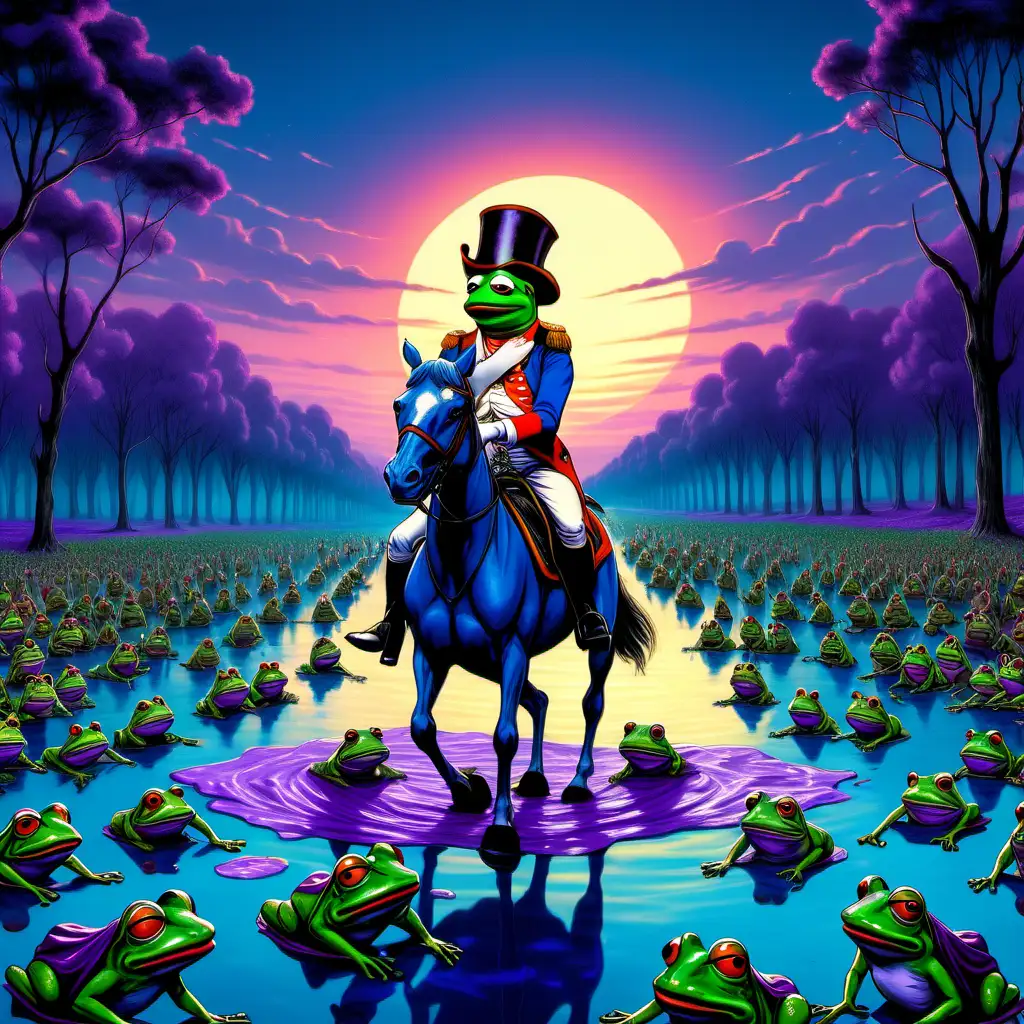 pepe the frog riding a horse through a blue pond as napoleon at dusk with a purple sunset with an army of frogs on horses no trees