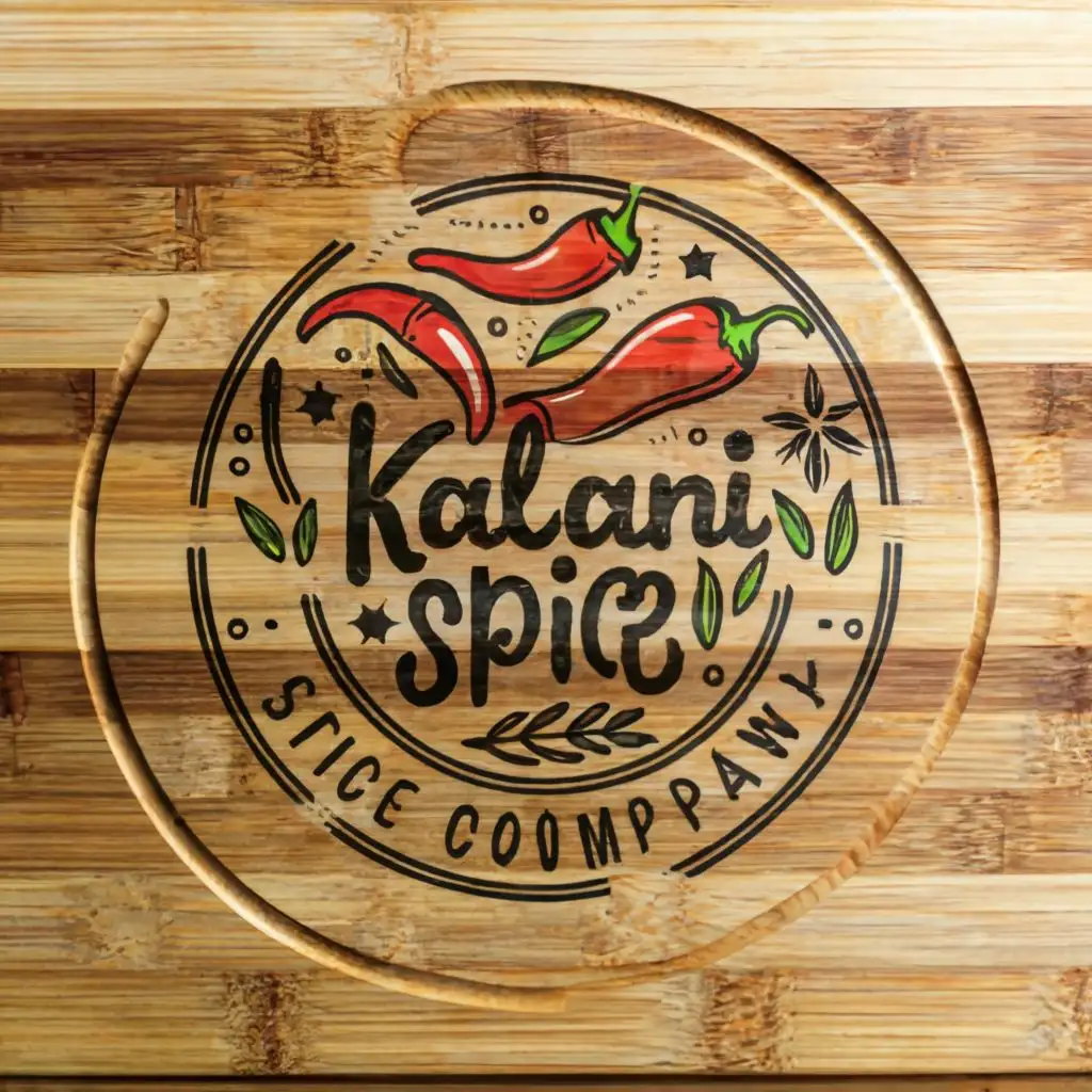 logo, HOT PEPPERS,SCALLION,THYME, PEPPERS, ONIONS ,ENGRAVED IN A BAMBOO CUTTING BOARD, with the text "KALANI SPICE COMPANY", typography