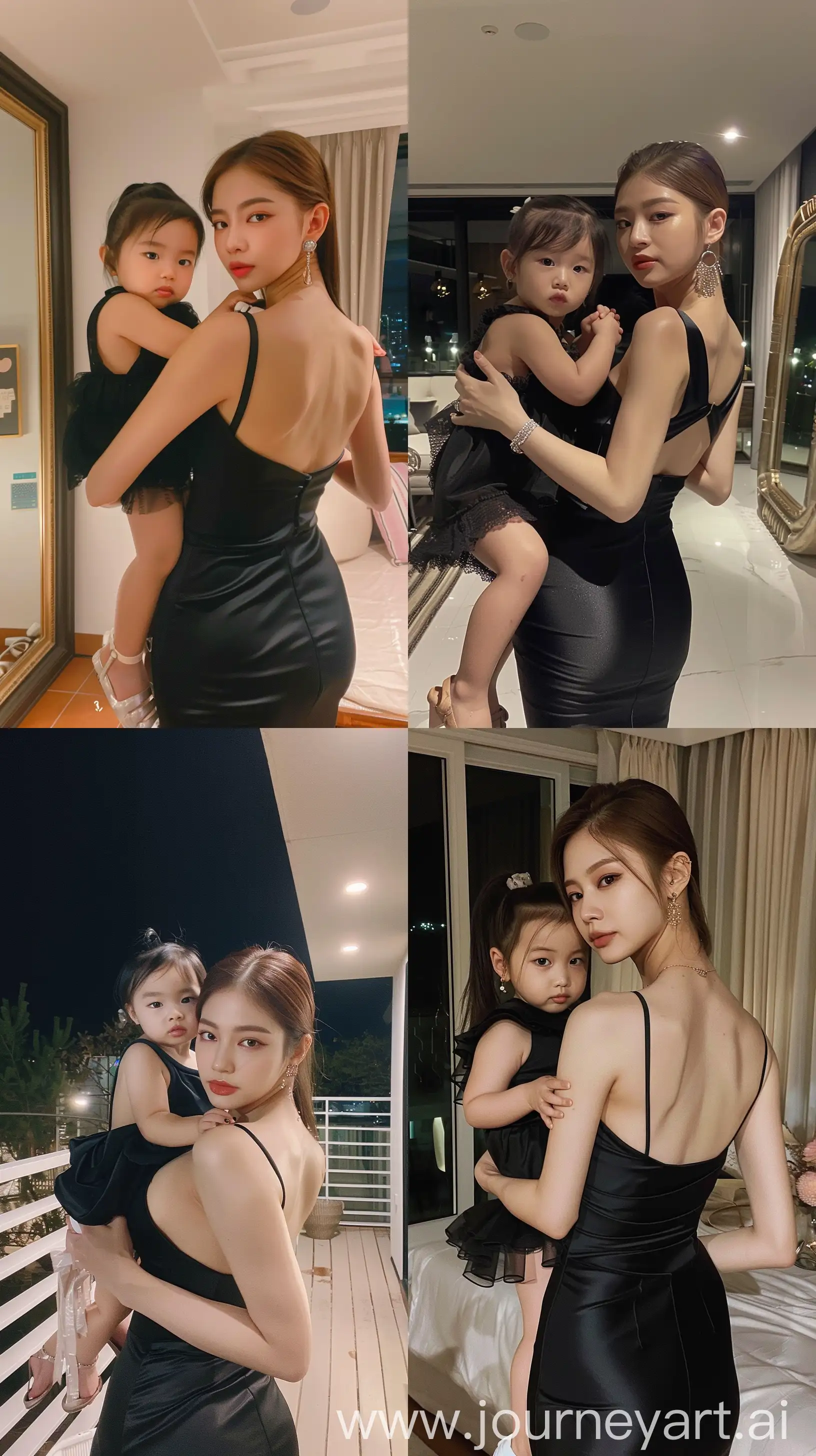 blackpink's jennie,holding 2 years old girl, facial feature look a like blackpink's jennie, aestethic selfie, night times, aestethic make up, wearing black elegant dress, back body, hotly young mom --ar 9:16 