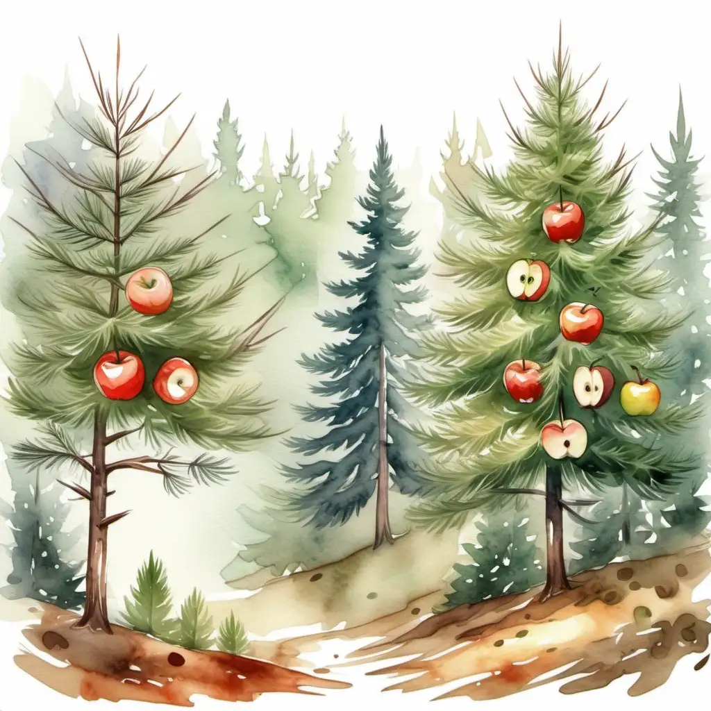 malovaná ilustrace,akvarel styl, jehličnatý les, smrk, jehličnatý strom v lese má na jehličnatých větvích jablka