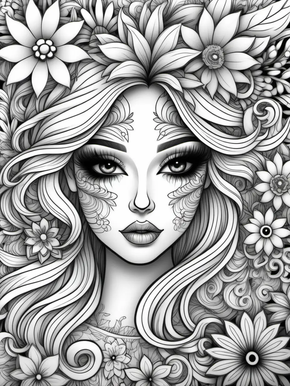 lots of makeup, coloring book page, floral doodle background, thick dark black lines, black and white, no shading, thick black lines, clean edges, full page, color by number