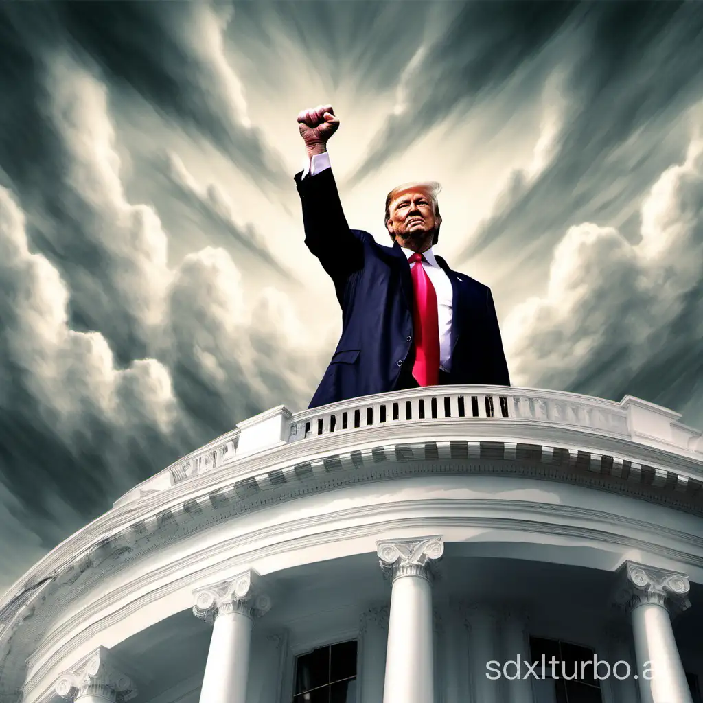 Image of President Donald Trump, standing 
on white house roof Determined face, fingers of the right hand fisted upwards, write Sentence of : "make America great again"
, realistic