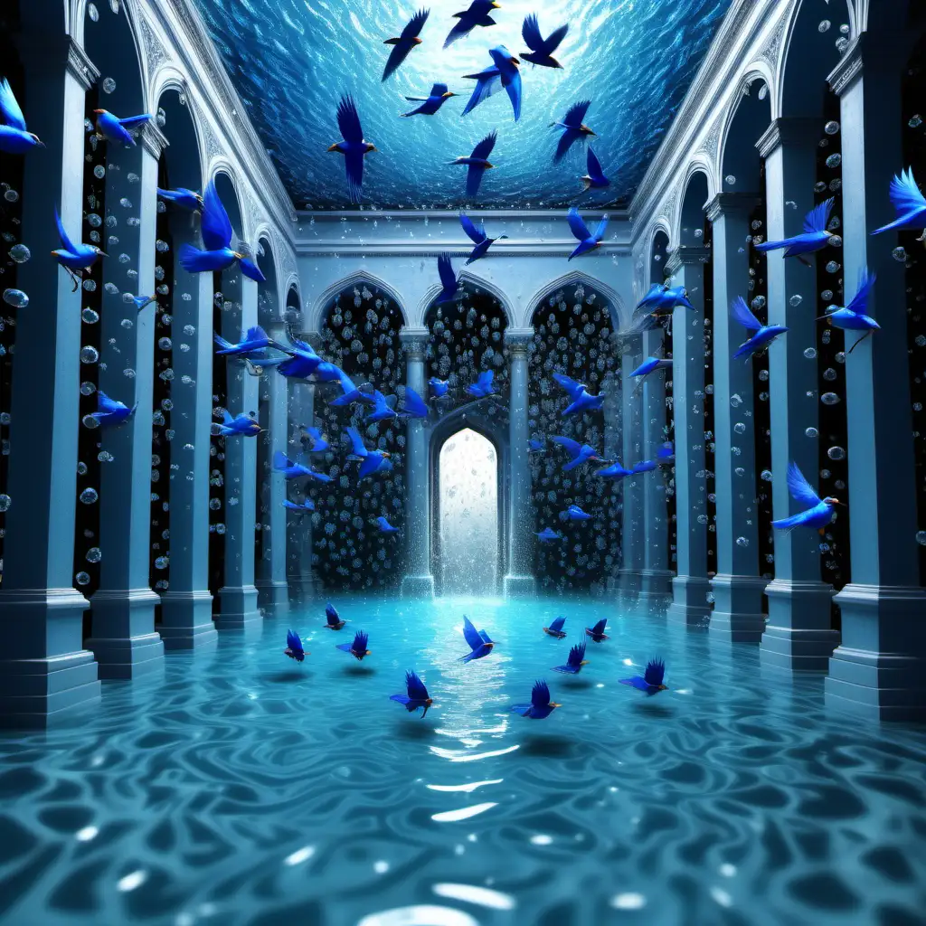 Monsoon of bluebirds forming a river of water, traveling through and underwater water maze, into a palace made of sparkling crystals ,HD, High Quality 
