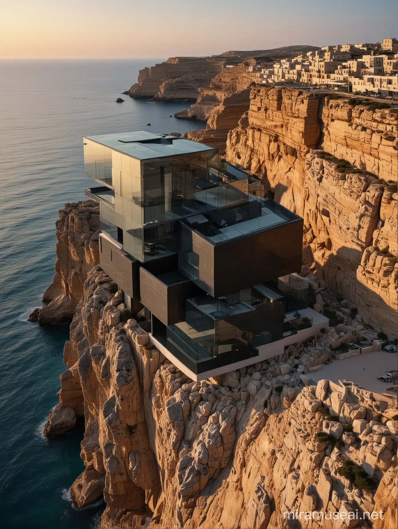 Carved architectures STYLE modern many cubic architecture with glass and black stone, at the stone ,drone view, modern architectures  and the black plaster,  at the cost of malta near the sea with rock, sunset, with light inside,32k cinematic light hyper-reliastic photo 32k