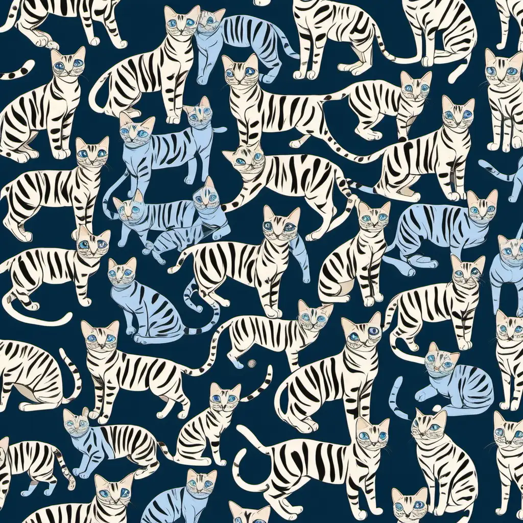 /imagine promptMANY VERY TINY BENGAL CATS, BLUE,FELINE COMPANIONSHIP,PLAYFUL, DIVERSE BREEDS,  RUNNING, HAND PRINTED