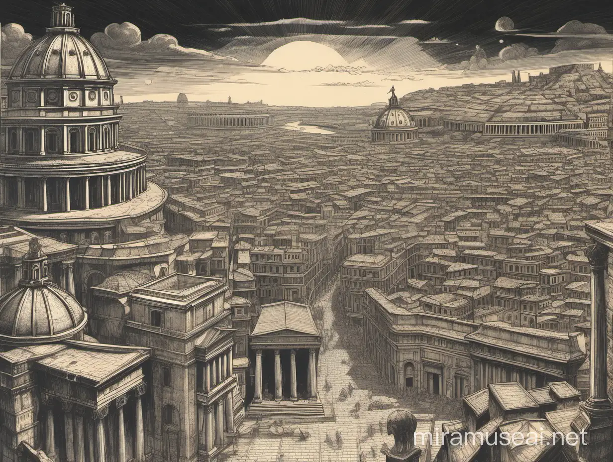 1970s Dark Fantasy Paper Art Dungeons and Dragons Style Rome Cityscape