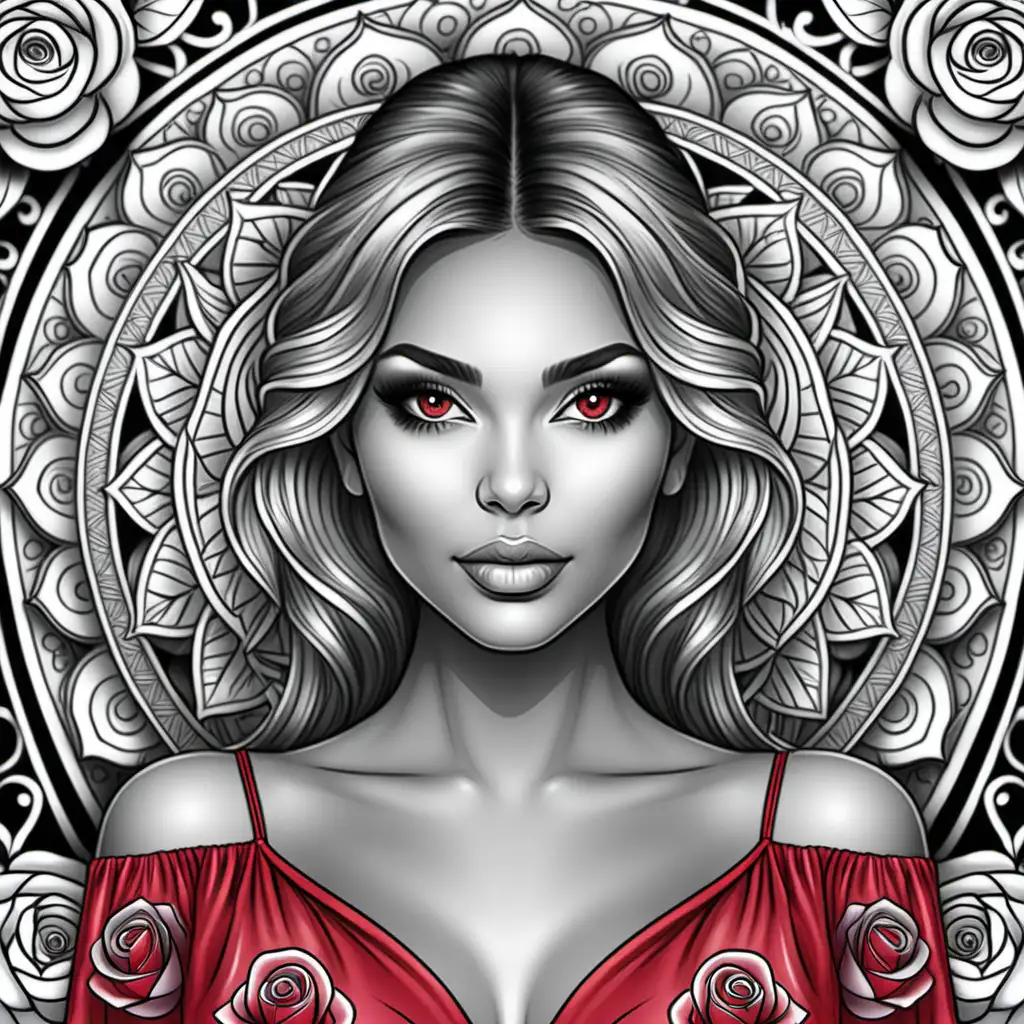 adult coloring book, black and white. Illustrated, cartoon style, dark-lined, no shading, highly detailed. Closeup of A fashion model with perfect makeup wearing a red silk nightgown. symmetrical mandala with roses background. 