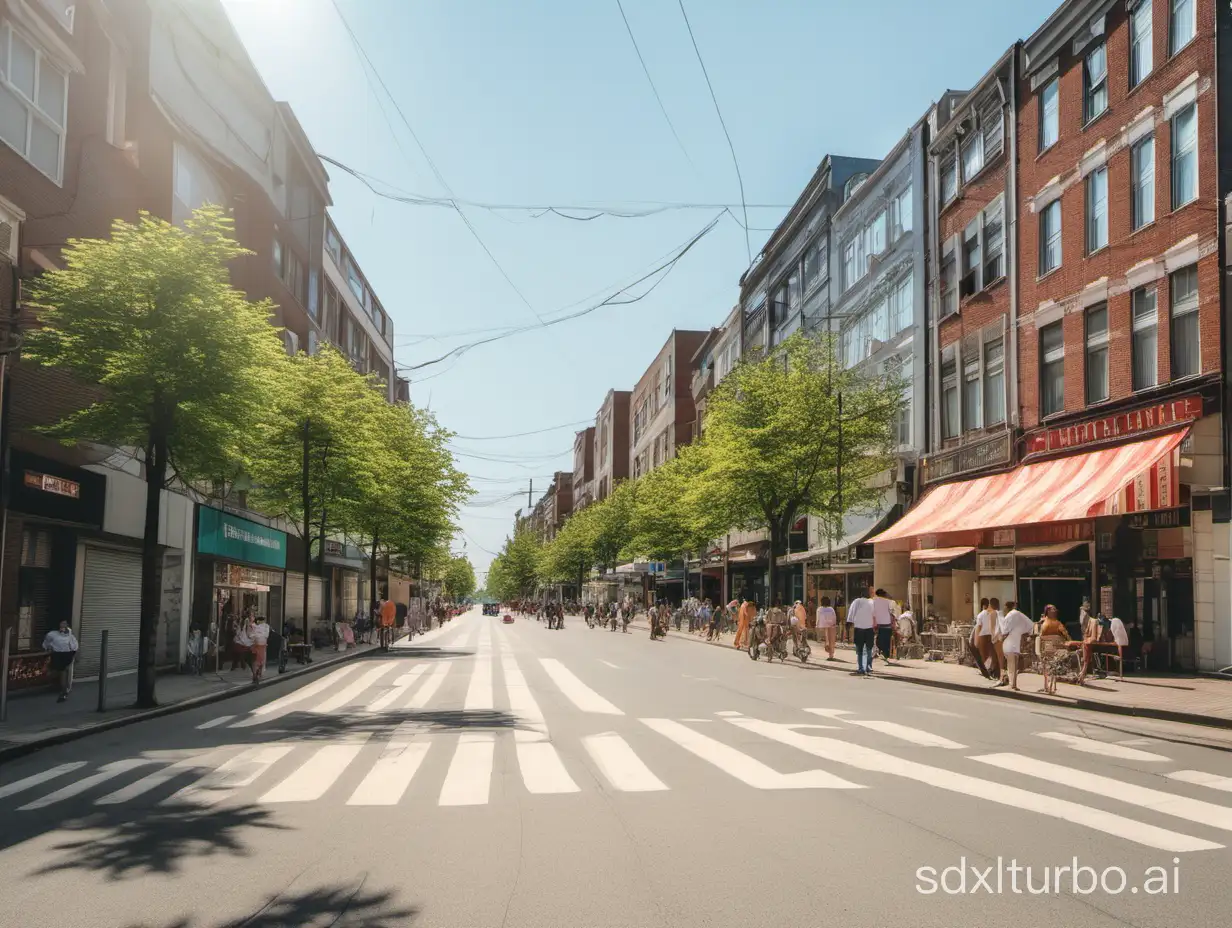 A commercial street on a sunny morning in summer.