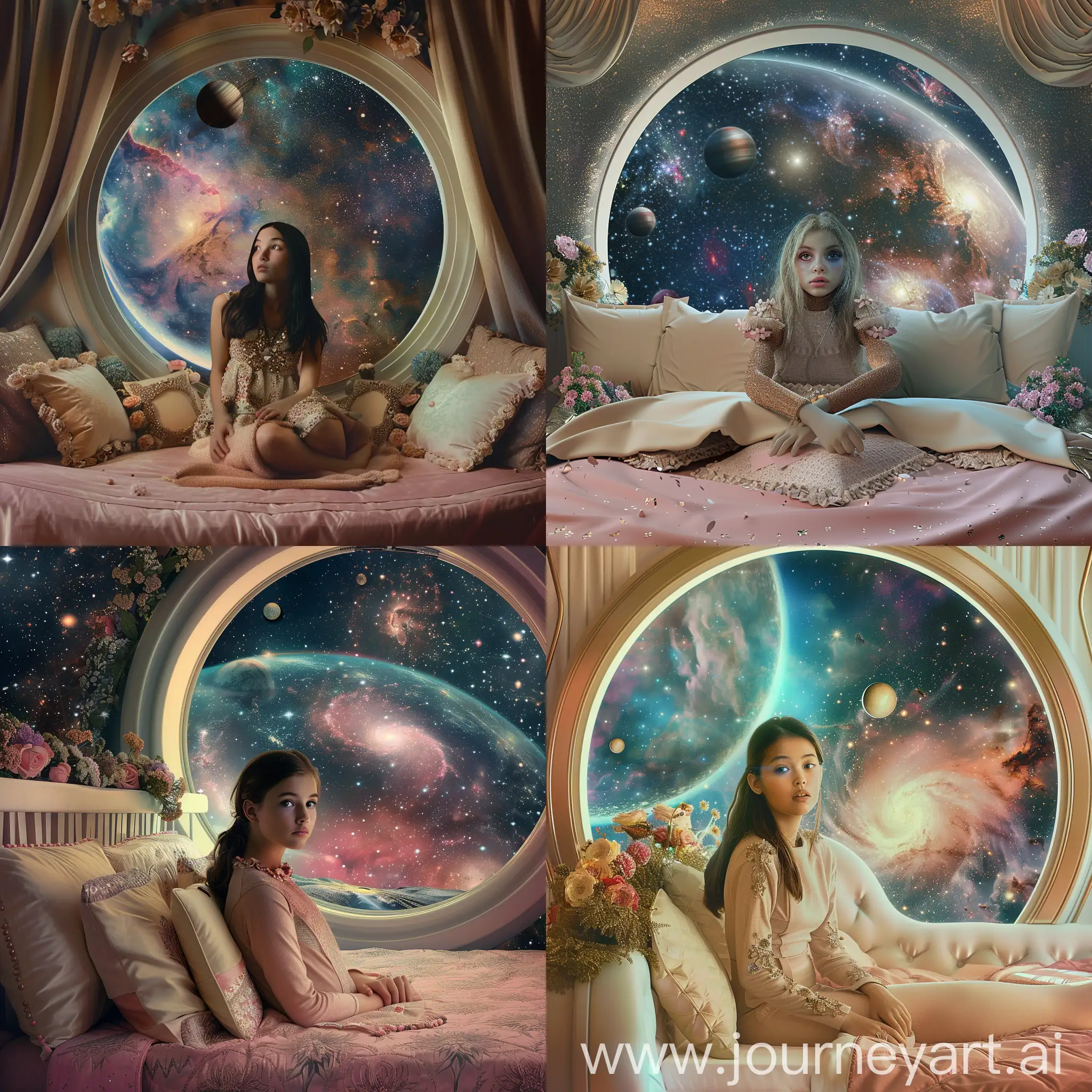 A beautiful girl with highly detailed facial features. She is sitting on a modern bed with a pink duvet cover, cream cushions and flowers around the headboard. She is looking out of a large round window. Outside the window is outer space with stars, nebula and planets. Sci fi. Photographic