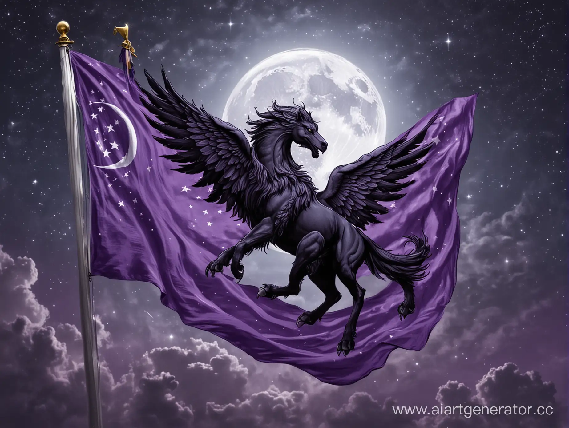 Флаг государства гиппогрифов исповедующих веру в луну, используй фиолетовый, белый, тёмно-синий и черный цвета