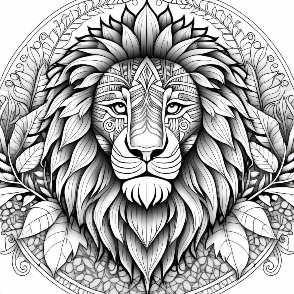 coloring page for adults, mandala, jungle image (lion), white background, clean line art, fine line art--HD--AR 2:3