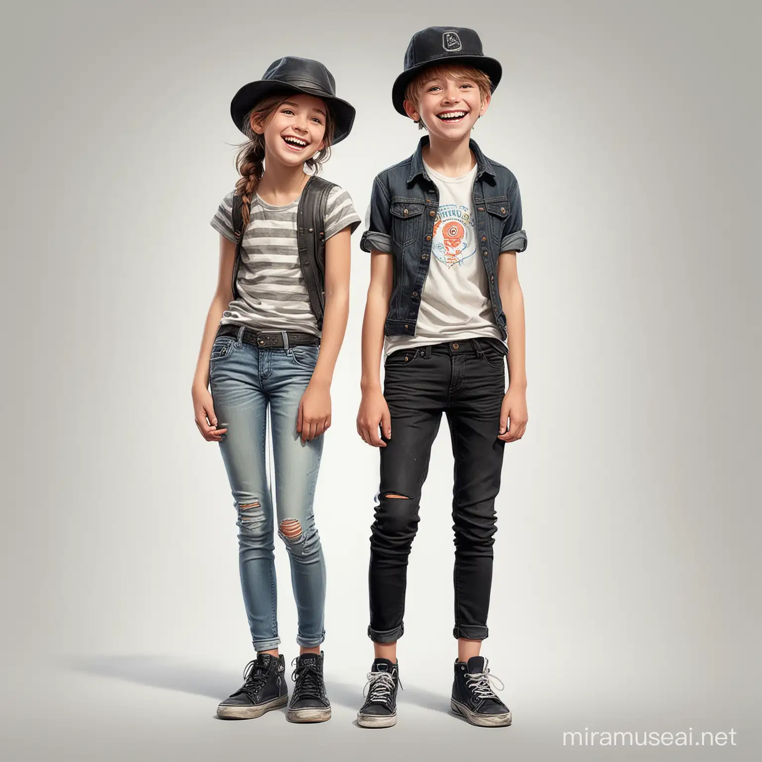 realistic full body shot of a girl and boy, in black jeans, hats, , laughing, cartoonish, inventive character designs, color settings, 
highly detailed digital art, fixed on white background, watercolor effect, james gurney art --v 5.2 --s 250