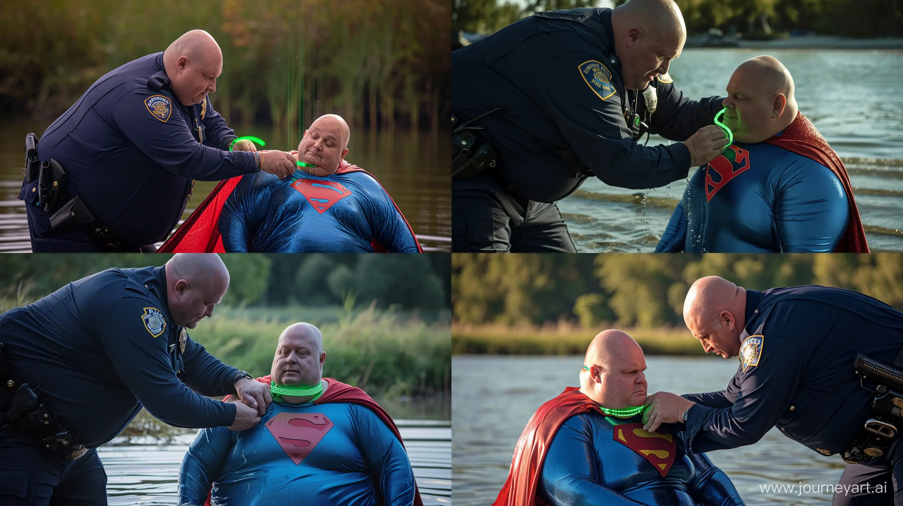Close-up photo of a chubby man aged 60 wearing a long-sleeved navy police uniform, bending over and tightening a green glowing small short dog collar on the neck of another chubby man aged 60 sitting in the water and wearing a blue silky superman costume with a large red cape. Outside. Natural light. Bald. Clean Shaven. --style raw --ar 16:9 --v 6
