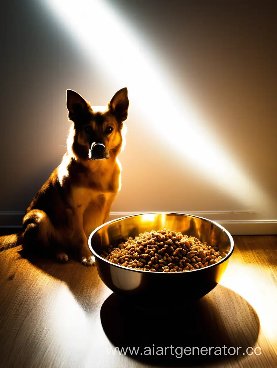 Корм для собак в миске, подсвечивающая светом, собака сидит рядом
