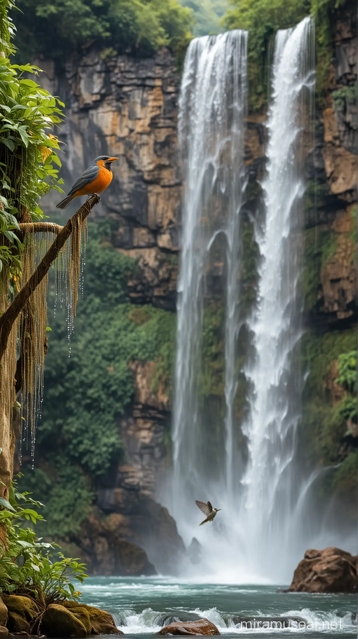 Поющая птица на фоне красивого водопада
