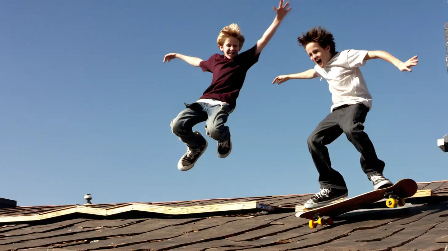 Two boys jumping from roof with skateboards
