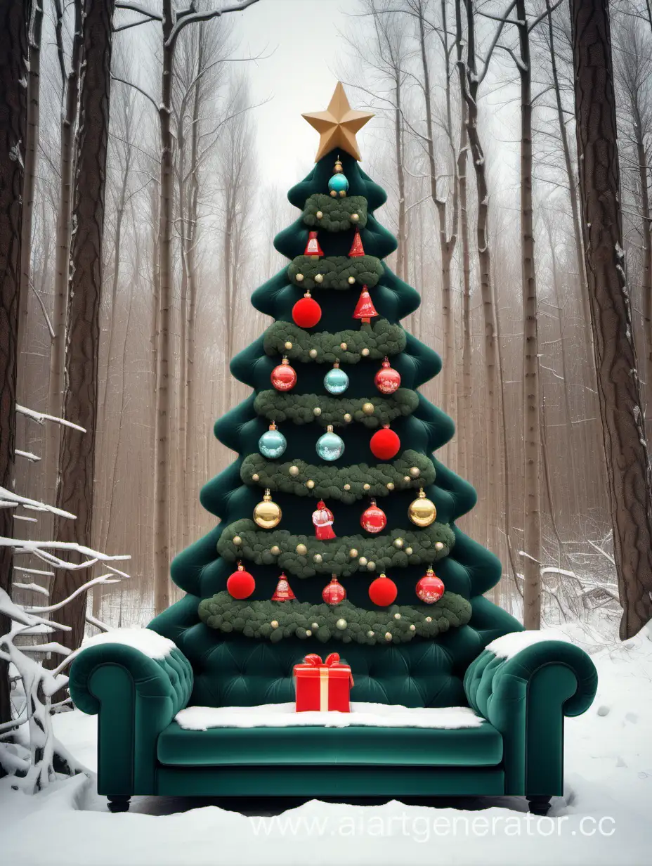 Festive-Christmas-Tree-Sofa-Amidst-Winter-Wonderland