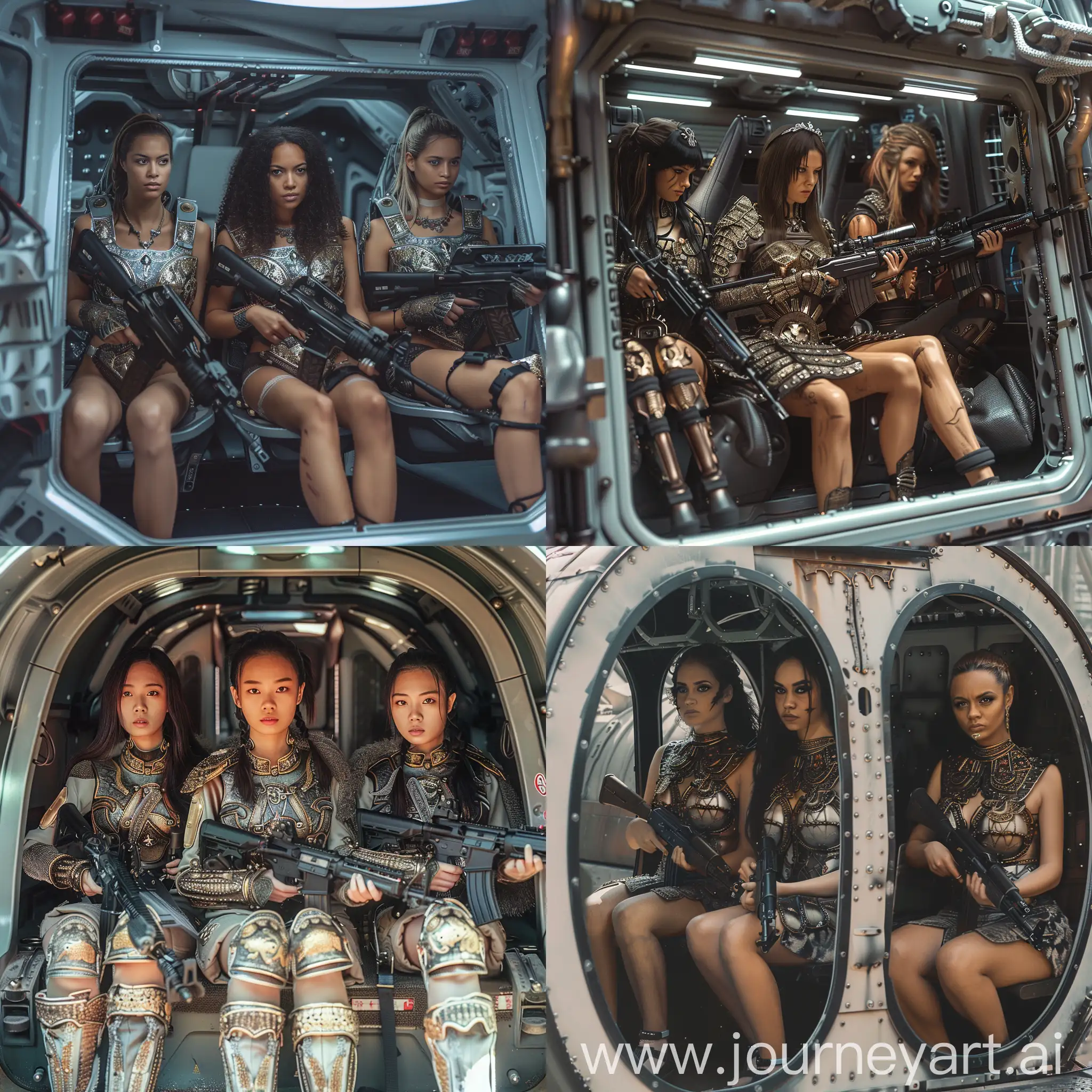 3 silent and young female, modern warriors wearing decorative plate armour, sitting inside futuristic mecanical transporter, holding automatic rifles, waiting for the battle to happen