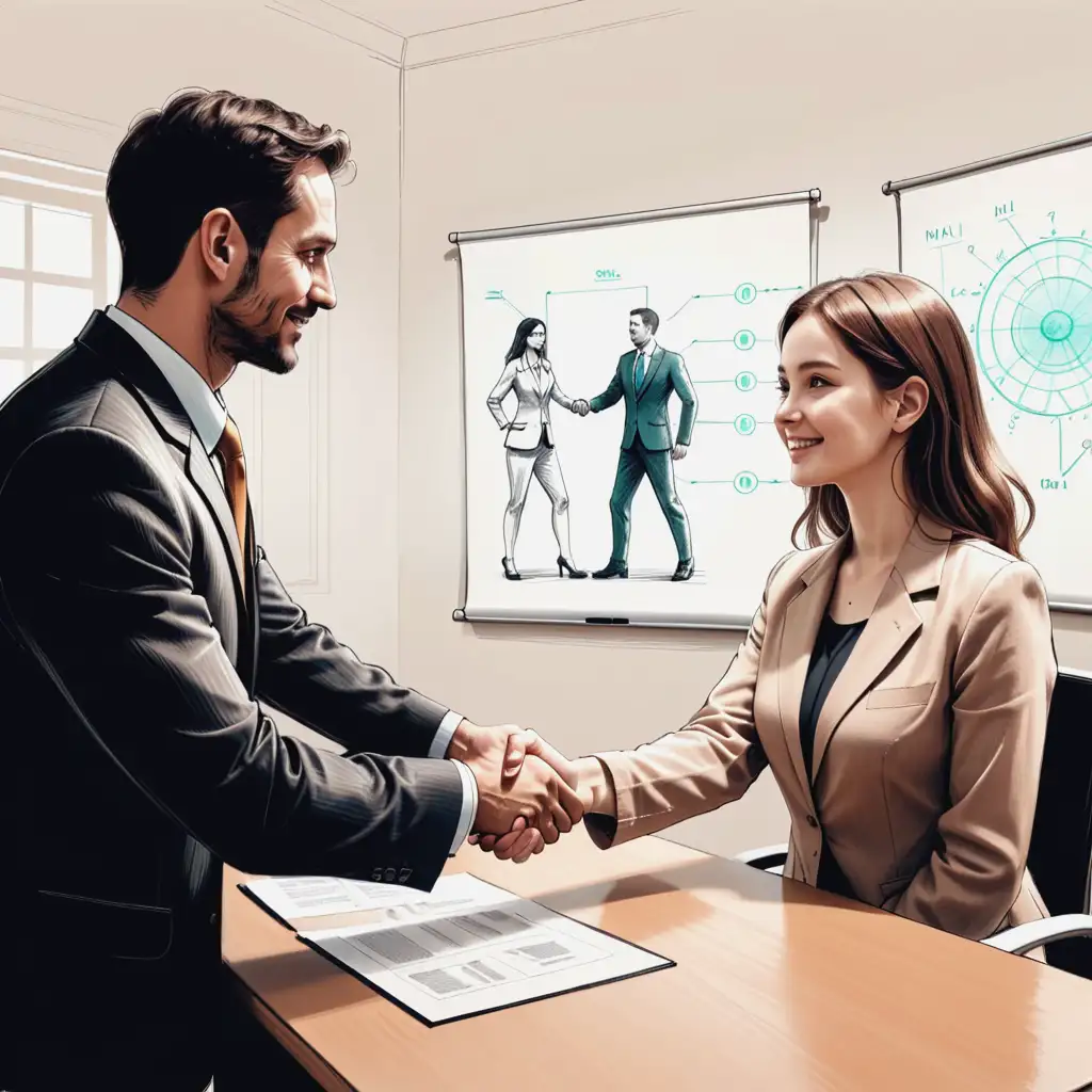 Two business people, one man and one woman, shaking hands in a meeting in a sketch scientific illustration style 
