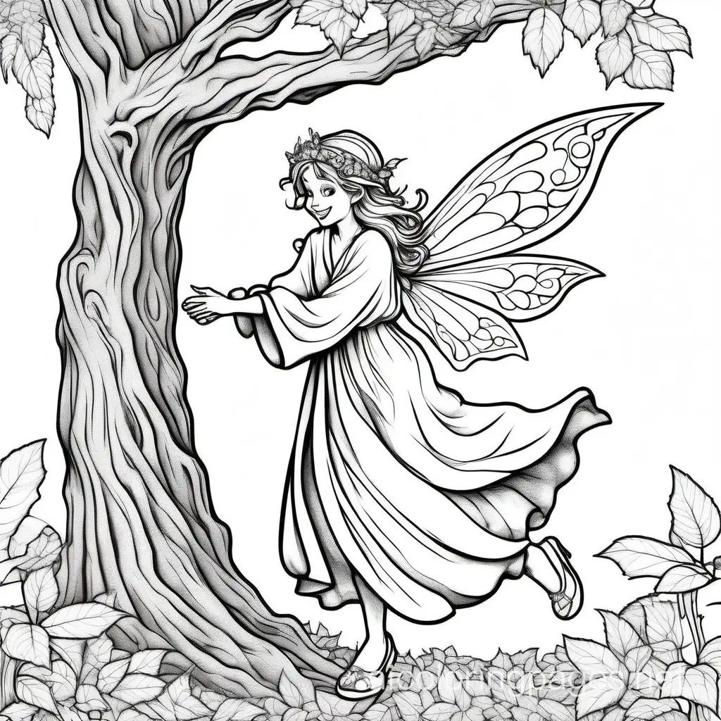 Beautiful happy fairy with long white robe and nice shoes hugging a tree.

, Coloring Page, black and white, line art, white background, Simplicity, Ample White Space. The background of the coloring page is plain white to make it easy for young children to color within the lines. The outlines of all the subjects are easy to distinguish, making it simple for kids to color without too much difficulty