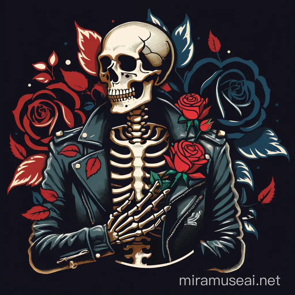Vintage design, very beautiful drawing, stencils, simple, minimalism, vector art, Sketch drawing, flat, 2d, vintage style,skeleton skeleton wearing leather jacket, The right hand holds a rose and places it above the left chest, close-up