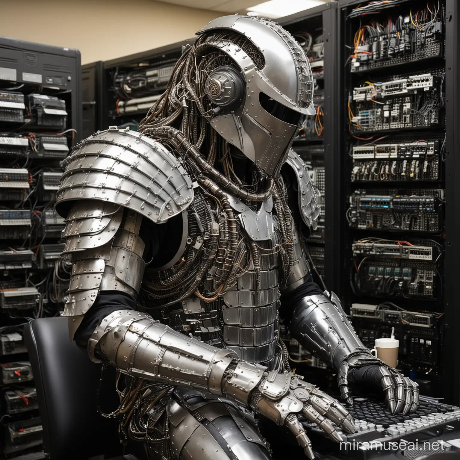 Server Room Side: A tired IT worker, wearing a shining suit of armor made entirely out of old computer parts (like keyboards for shoulder pads, a fan for a helmet plume) sits slumped over a glowing server rack, holding a steaming mug of coffee. Wires snake out from the server rack like tentacles from a monster.