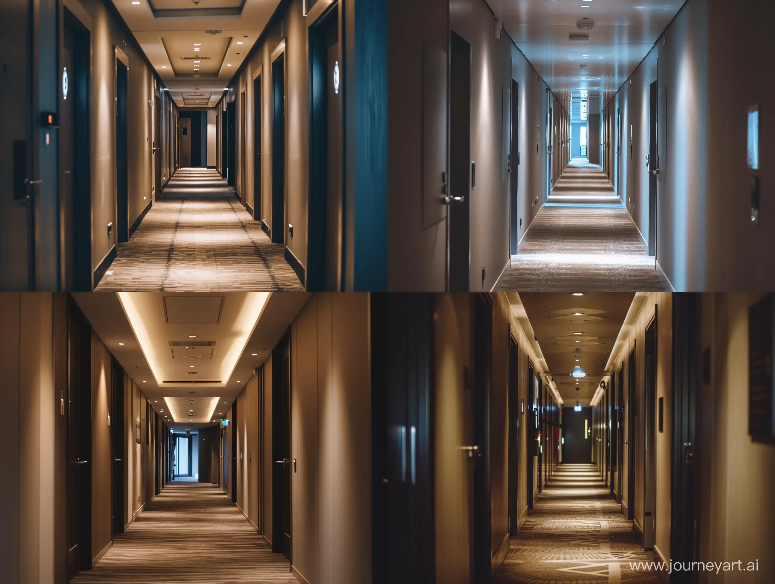 A cinematic photo of a hallway in a modern hotel