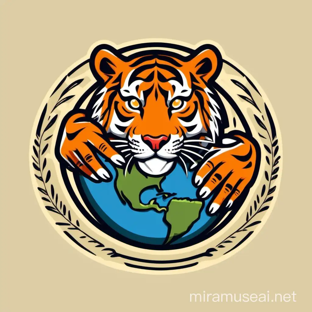 make a logo of an earth, that is hugged by a tiger's hand
