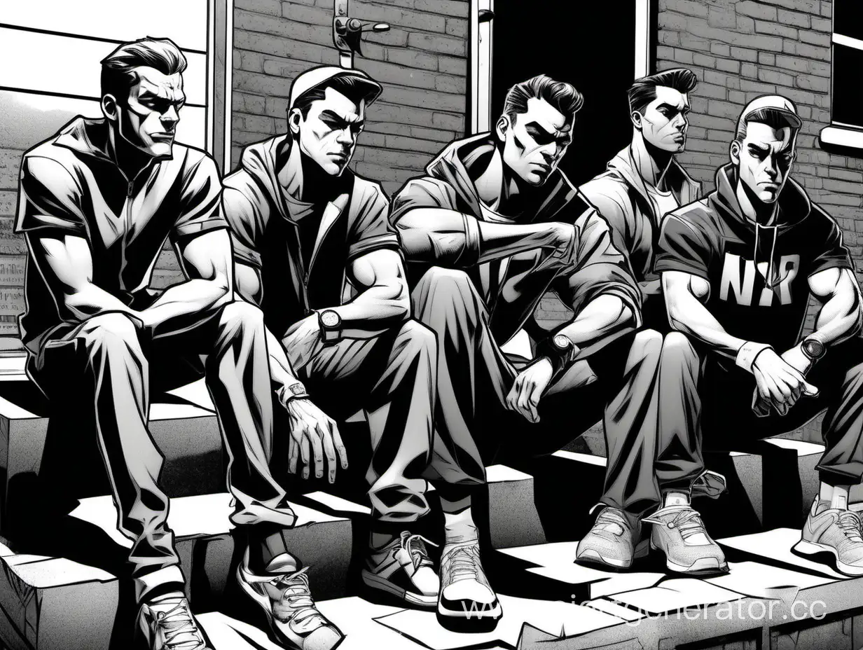 стилизованное под комикс в стиле нуар изображение ребят во дворе, сидящих на корточках, в спортивных костюмах