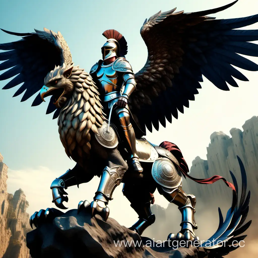 Красивый рыцарь в спартанских доспехах сидит на большом красивом грифоне с большими крыльями (всадник на грифоне)