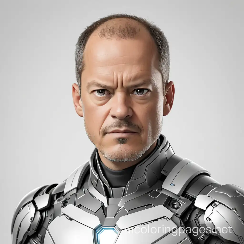 Olaf Scholz als Iron Man, Coloring Page, black and white, line art, white background, Simplicity, Ample White Space. The background of the coloring page is plain white to make it easy for young children to color within the lines. The outlines of all the subjects are easy to distinguish, making it simple for kids to color without too much difficulty