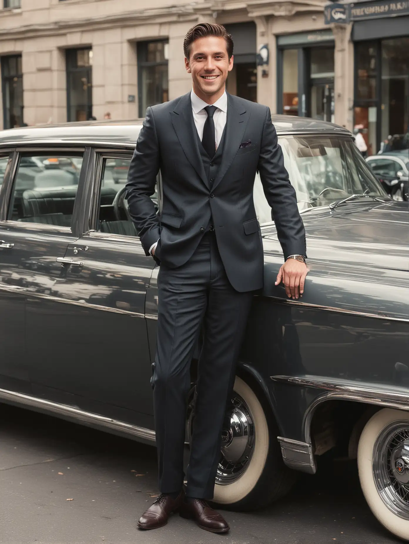 Elegant Gentleman in Suit Relaxing by Classic Sedan with Charismatic Smile